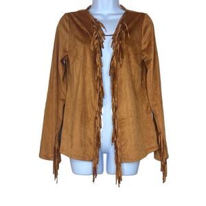 Colleen Lopez Womens Size Small‎ Faux Suede Fringe Jacket Tan Open Front